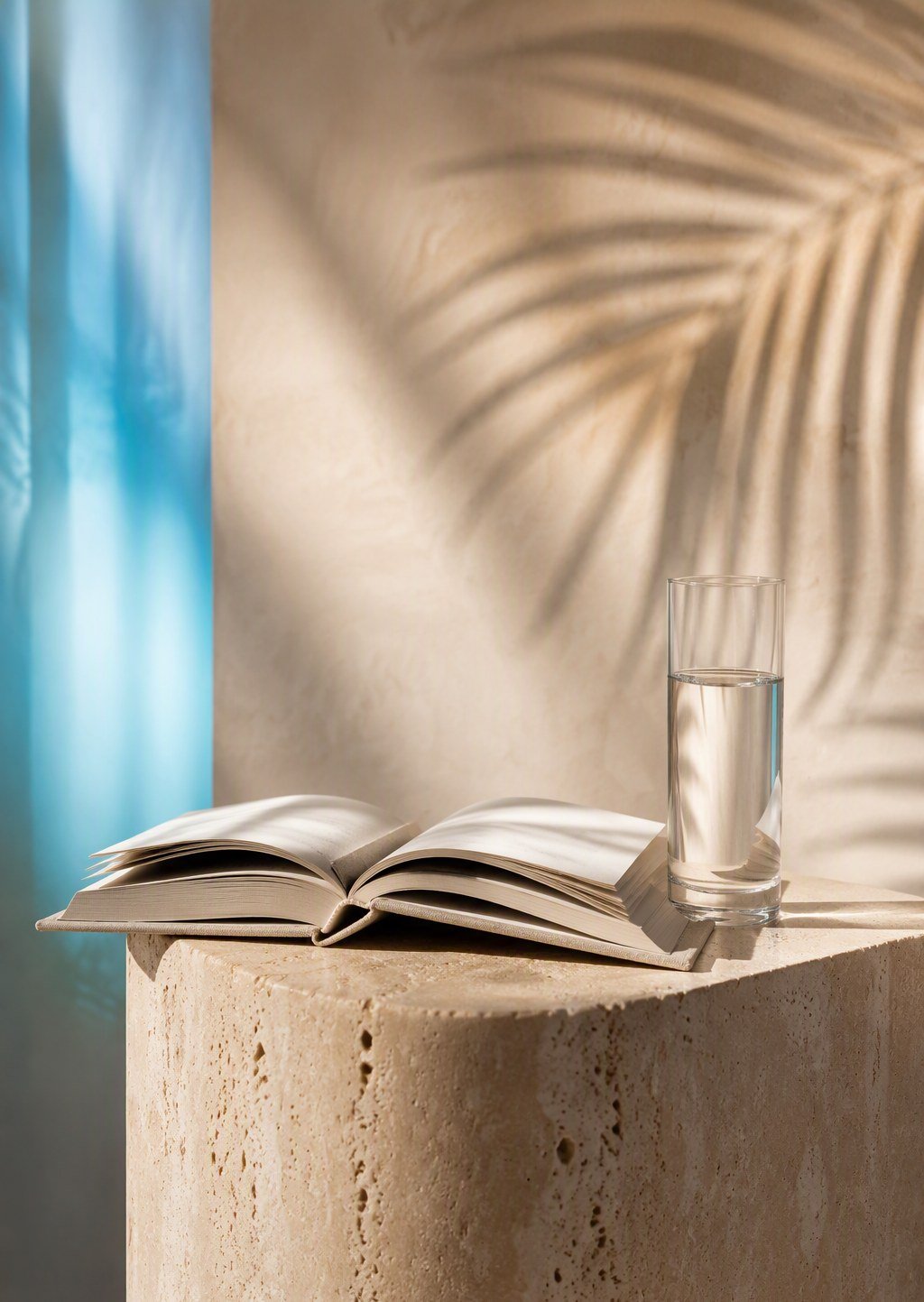 Open book and glass of water on a travertine pedestal — DouVibe cannabis education and harm reduction for the UAE