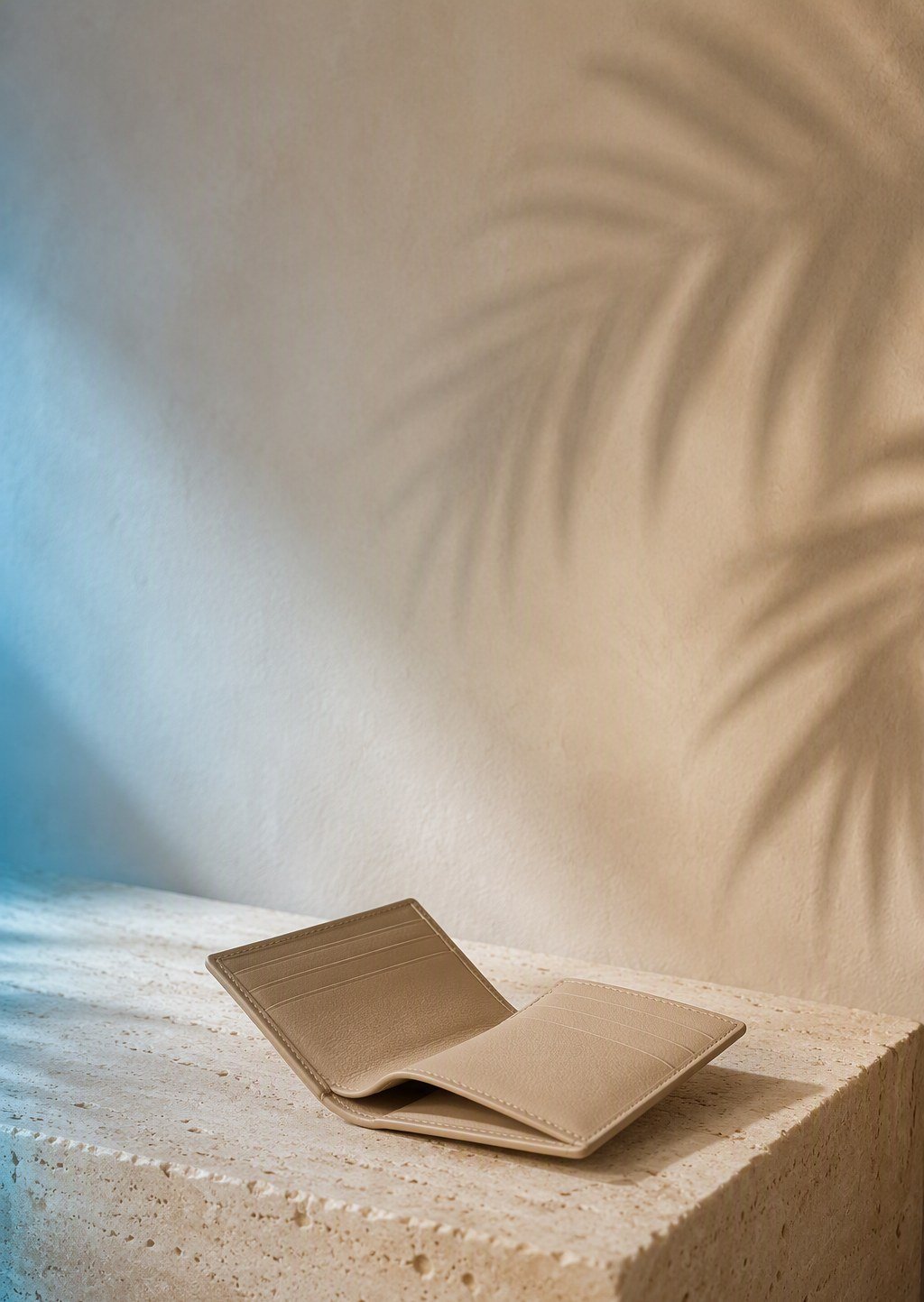 An empty open cardholder on a travertine pedestal — the truth about paying black-market dealers in the UAE