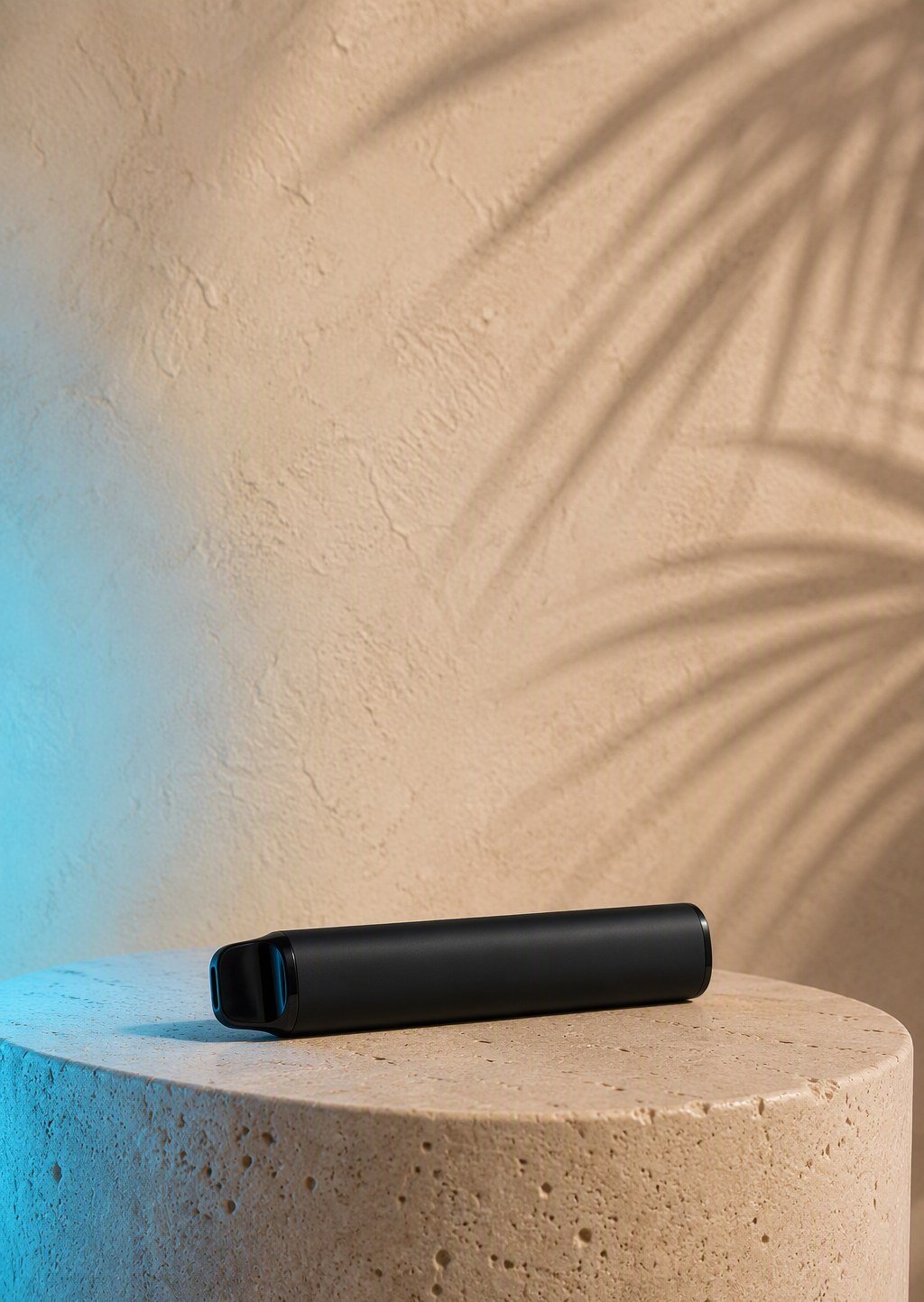 An unbranded black-market disposable vape on a travertine pedestal — the truth about buying THC vapes in Dubai