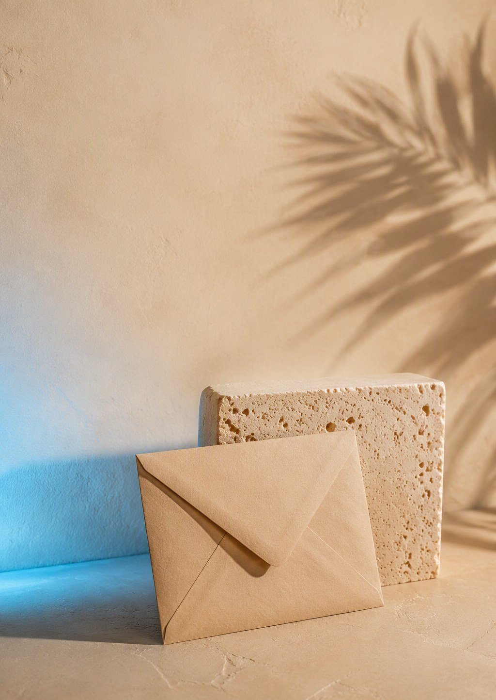 A sealed envelope against a travertine block — DouVibe conversations stay sealed
